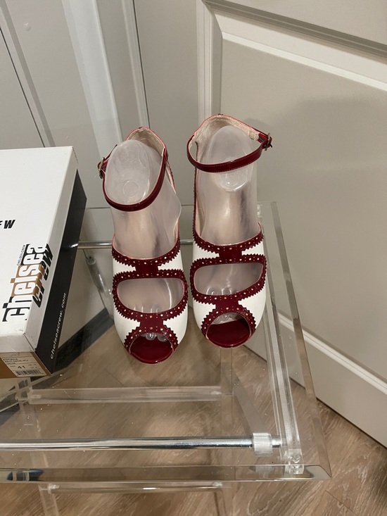 Chelsea Crew Shoes - Chelsea Crew Escada Wine and White Cutout Peep-Toe Ankle-Strap Heels